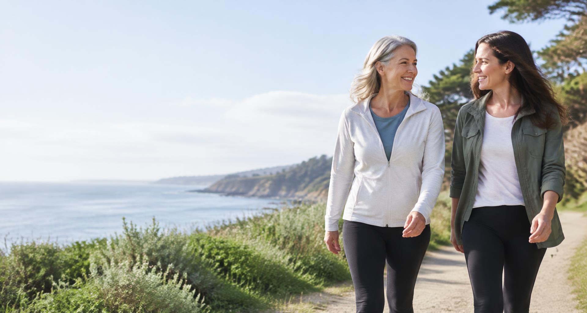 Illustrative scene of a mother and daughter walking together by the coast
